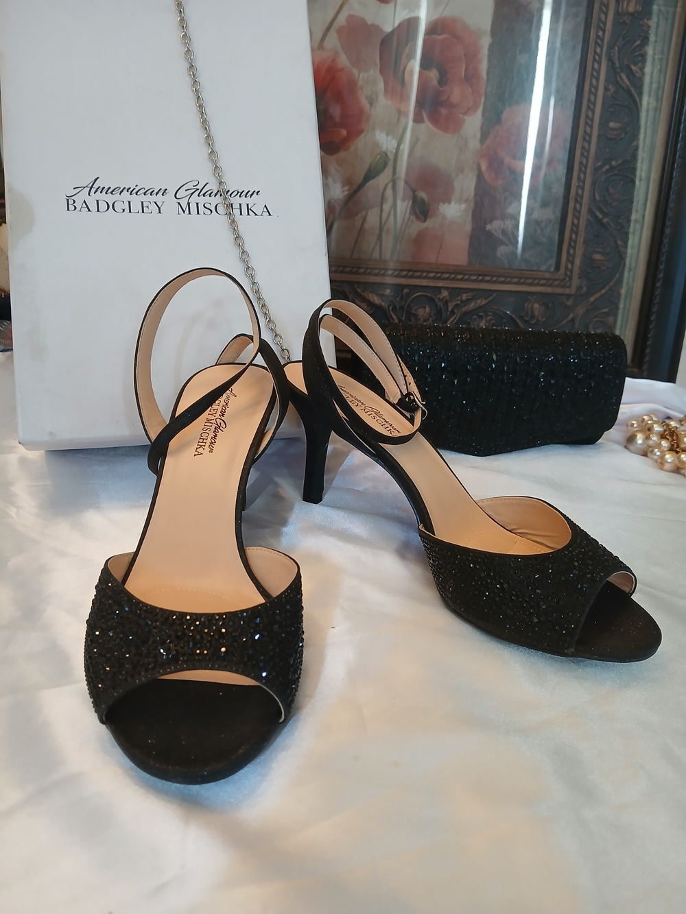 Badgley Mischka Black Crystal Peep-Toe Slingback Heels